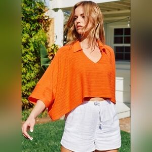 Vibrant Orange Cropped V-Neck Polo Knit Top